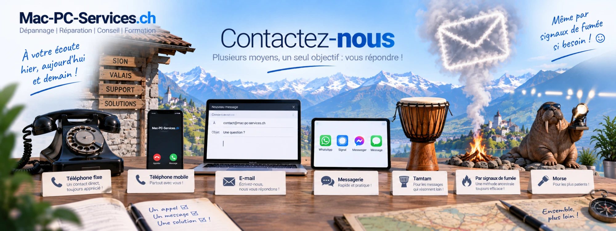 Contactez Mac-PC-Services : téléphone fixe, téléphone mobile, e-mail, messagerie WhatsApp, Signal, Messenger ou Message. Plusieurs moyens, un seul objectif : vous répondre.