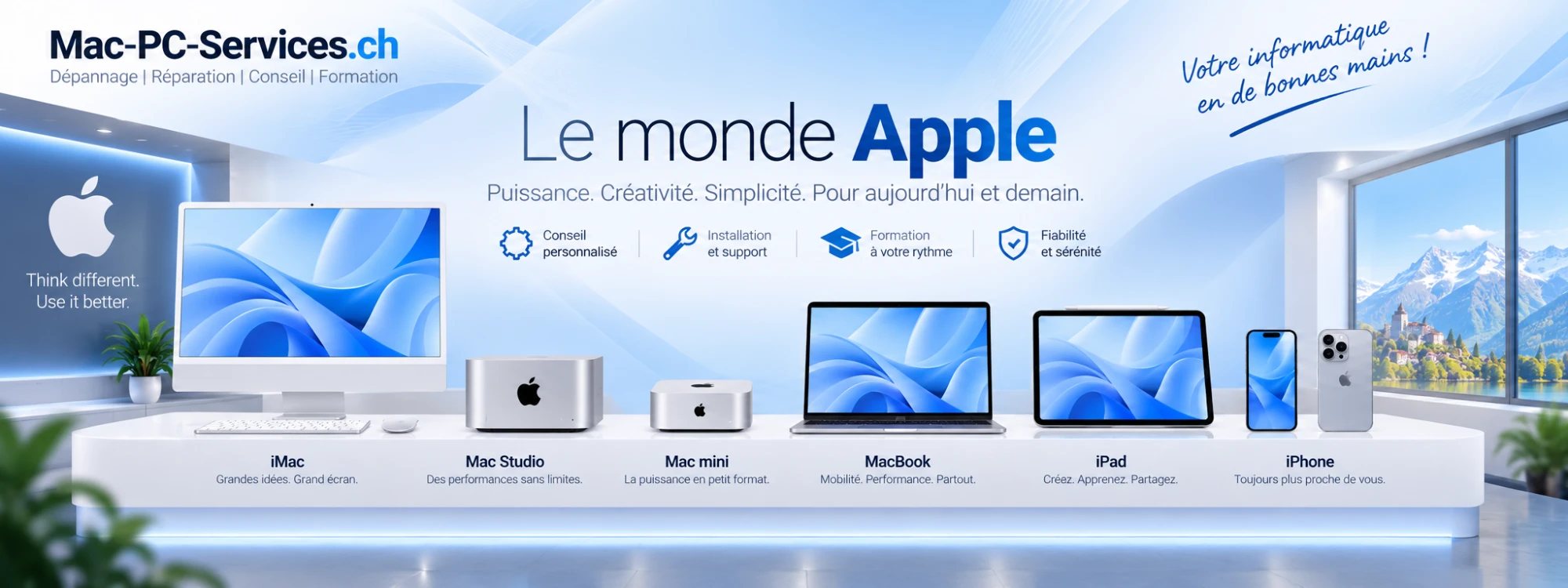 Le monde Apple chez Mac-PC-Services : iMac, Mac Studio, Mac mini, MacBook, iPad et iPhone. Conseil personnalisé, installation et support, formation à votre rythme, fiabilité et sérénité.