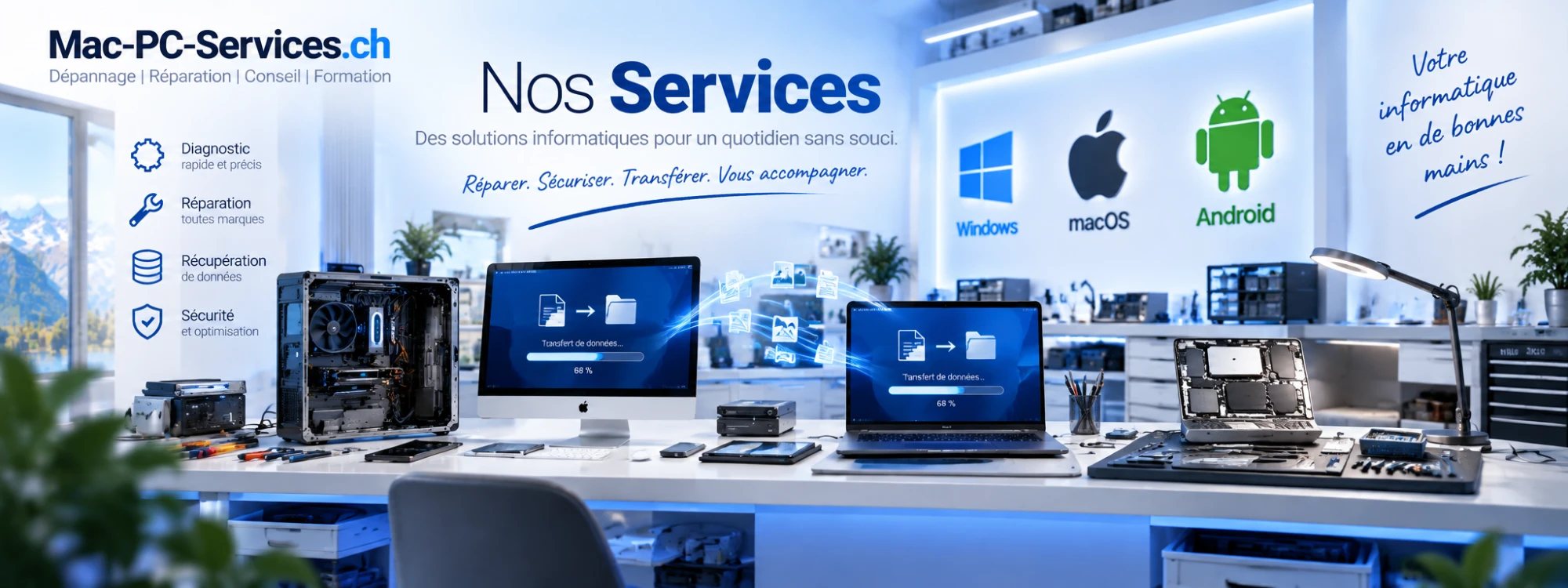 Nos services chez Mac-PC-Services : diagnostic rapide et précis, réparation toutes marques, récupération de données, sécurité et optimisation, sur Windows, macOS et Android.
