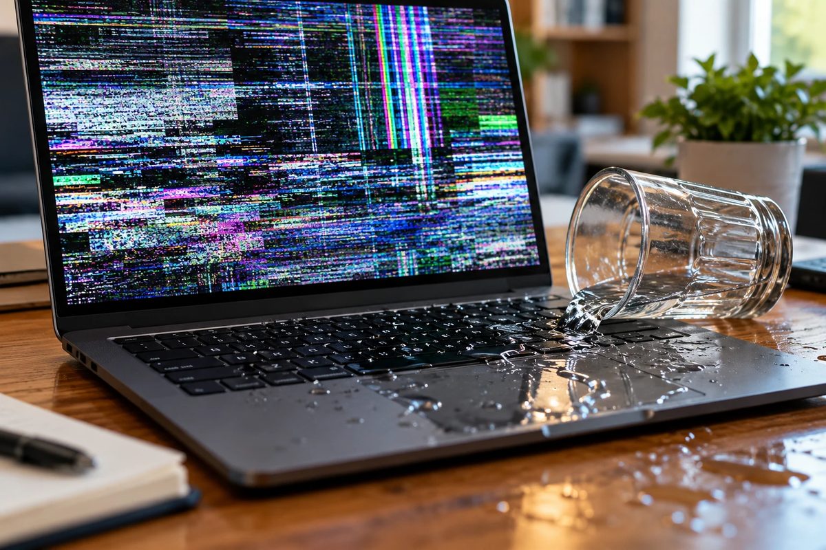 Verre d'eau renversé sur le clavier d'un ordinateur portable, écran en panne